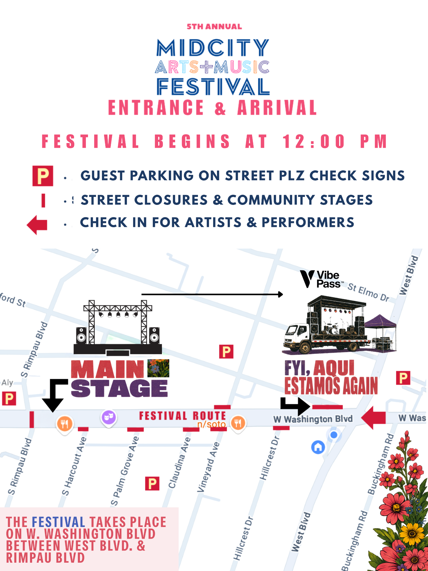 Mid City Festival entrance and arrival map showing the Main Stage on the west side, the FYI Aquí Estamos Again community stage on the east side, the festival route along W Washington Blvd, and on street parking zones marked with red P signs.