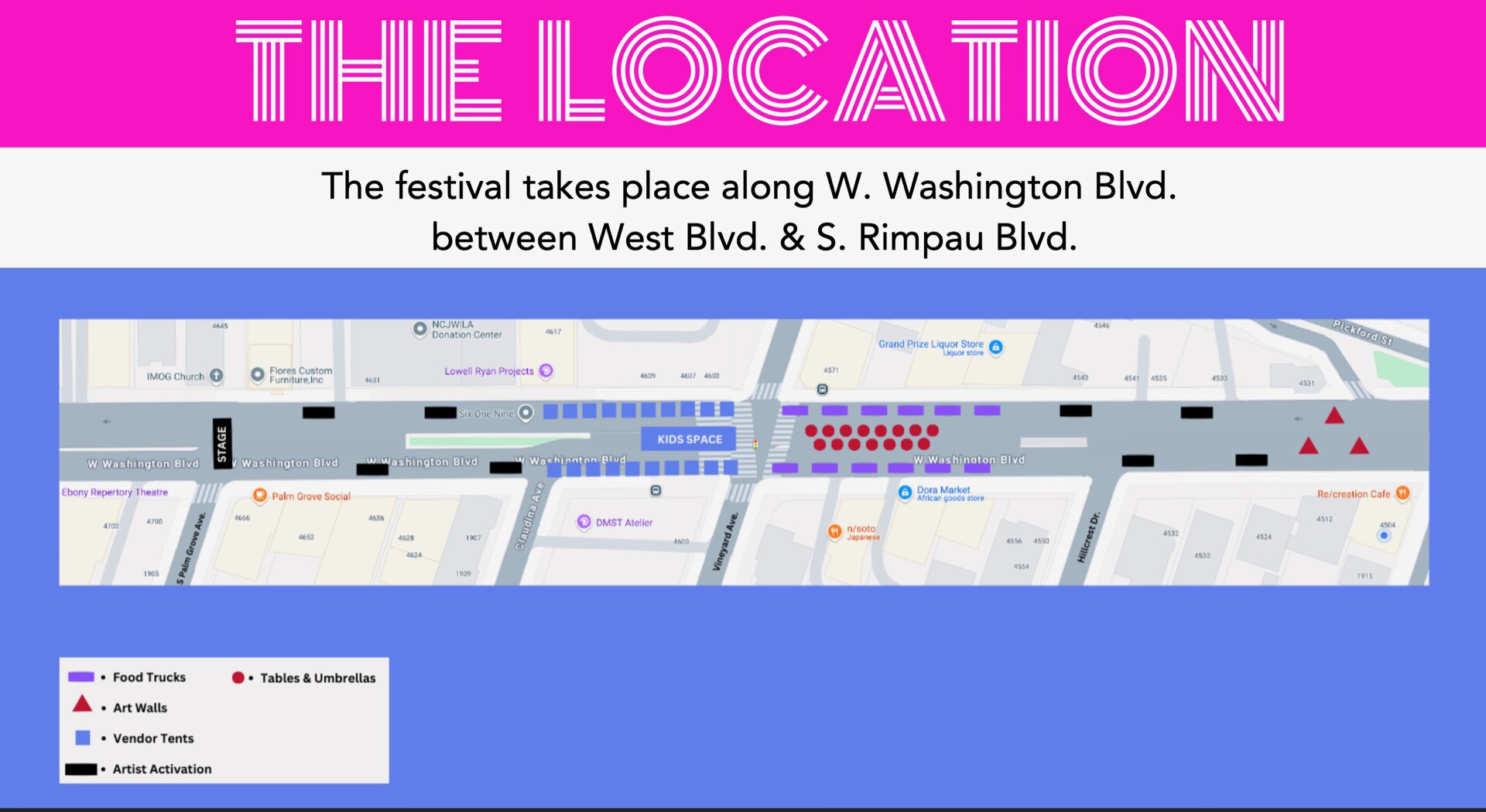 Mid City Arts + Music Festival official location map along W Washington Blvd between West Blvd and S Rimpau Blvd, showing stage, kids space, food trucks, vendor tents, art walls, and tables & umbrellas.